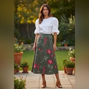 Kathie Lee Collection Green Red Floral Midi Skirt Size M Made in DR